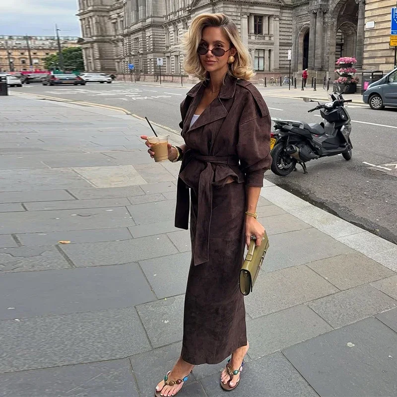 

Solid Suede Women Top Set Lace Up Lapel Hip Package High Waist Lady Skirts Suit 2025 Fashion Autumn In Match Female Coat Sets