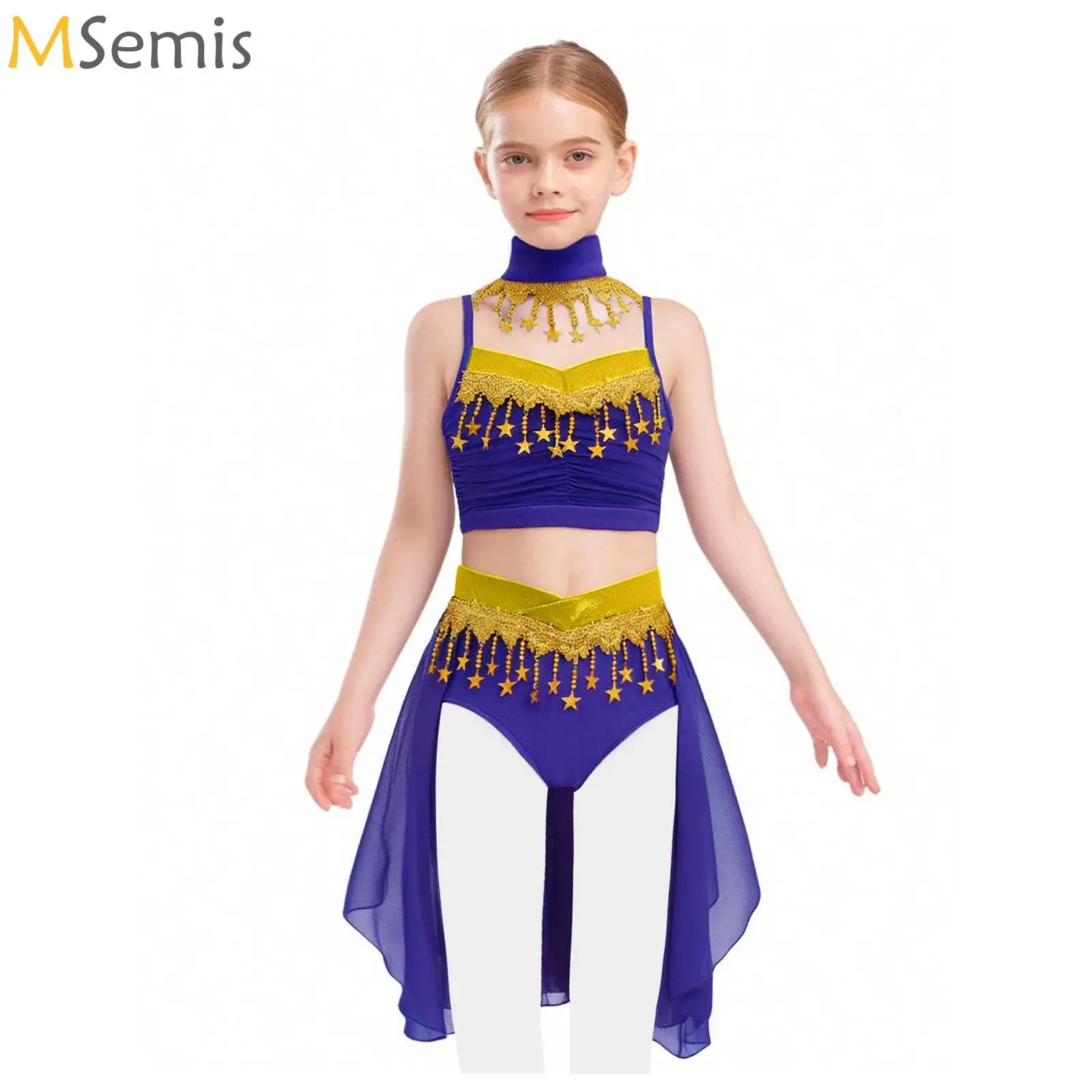 

Girls Oriental Belly Dancing Costume Ruched Crop Top Skirt Set for Kids Halloween Modern Lyrical Dance Stage Performance Outfit