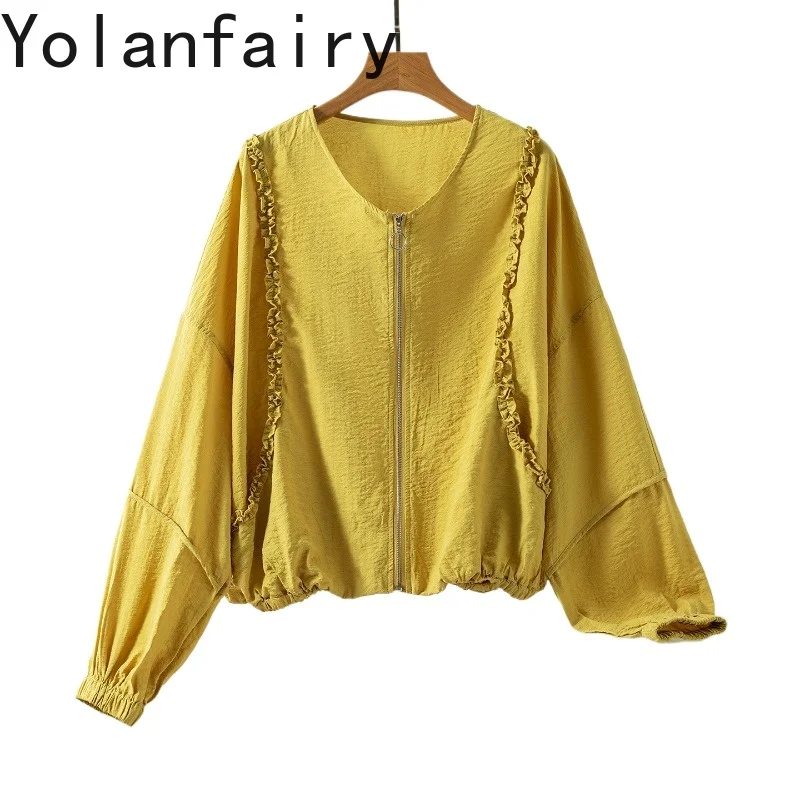 

YOLANFAIRY 76% Mulberry Silk Jacket for Women Summer 2026 Casual O-neck Dry Silk Top Coat Woman Korean Fashion Shirt Zipper