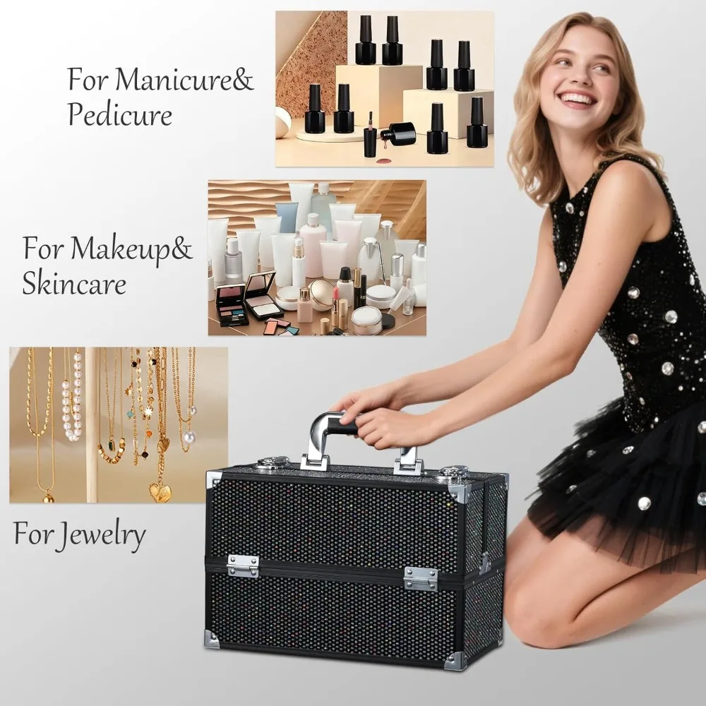 Large Professional Makeup Train Case with 4 Trays, Lock & Adjustable Compartments for Cosmetics Storage