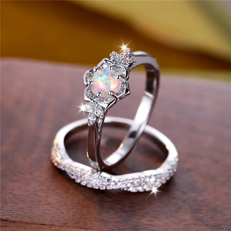 خمر الإناث الأبيض النار أوبال زهرة خاتم الخطوبة مجموعة لطيف فضي اللون مجوهرات الزفاف للنساء