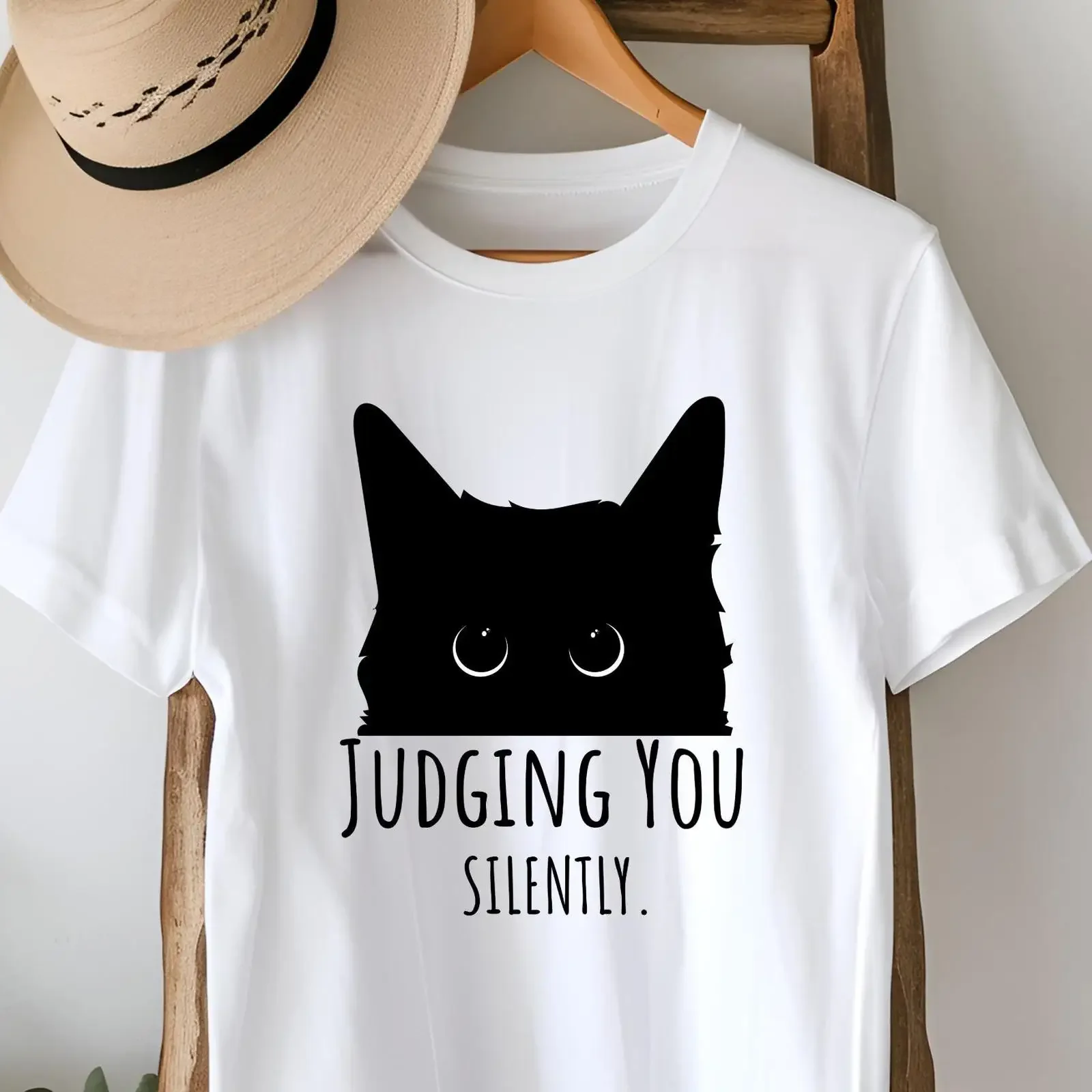 Funny Cat Lover T Shirt Black Judging You Silently  vintage Washed Breathable Versatile Stretched Comfortable Unisex
