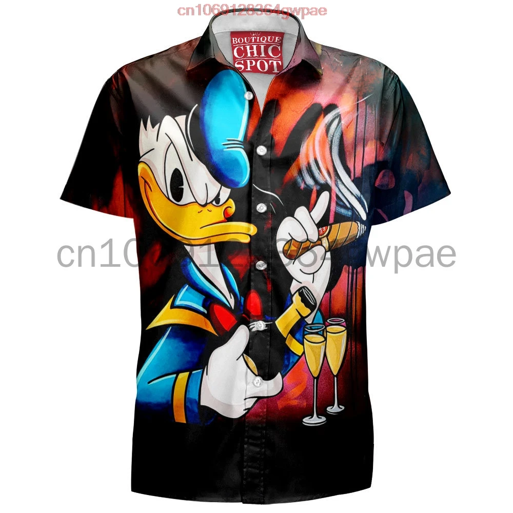 Donald Duck Hawaiian Shirt Men's Women's Short Sleeve Button Down Shirt Disney Graffiti Lapel Shirt Casual Retro Beach Shirt