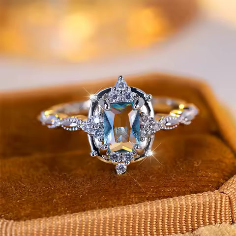 Luxury Female Crystal Light Blue Zircon Stone Square Engagement Ring Vintage Silver Color Wedding Jewelry For Women