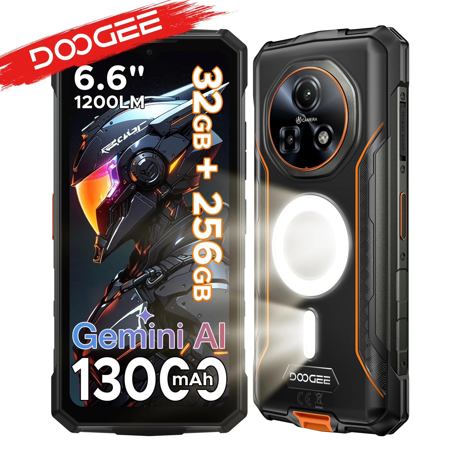 DOOGEE Fire 5 Ultra Dual Camping Lights 6,6-Zoll-Robustes Smartphone 13000mAh Akku 32GB RAM (8+24) 256GB ROM Google Pay NFC Helio G81