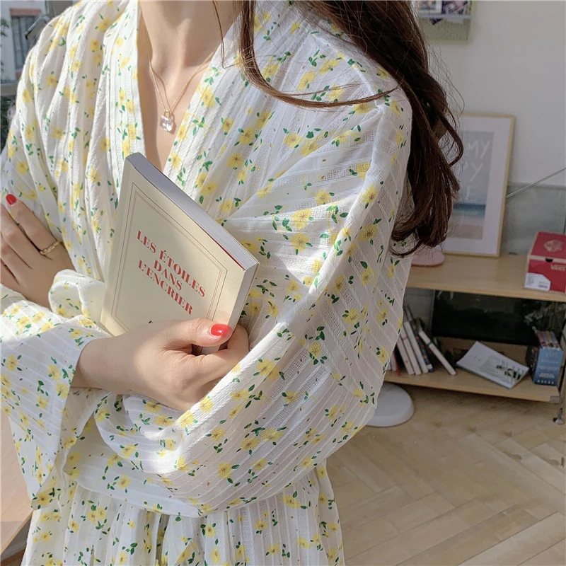 Japanese Kimono Cotton Robes for Women Floral Print Shower Spa Sleepwear Bathrobe Long Sleeve Sleepwear Dressing Gown Home Wear