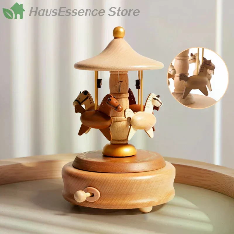 ※Wooden Carousel Music Storage Box Ornaments Rotatable Hand-cranked Do It Yourself Hand Made Birthday Christmas Gift