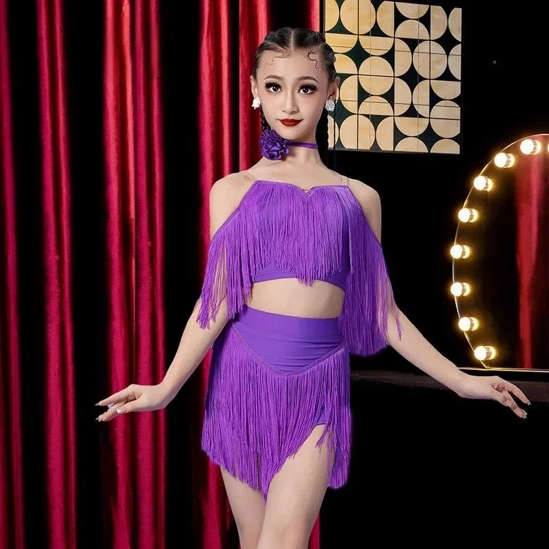 

Samba Tango Fringe Cha Cha Rumba Latin Dance Dress Girls Ballroom Dance Dresses Tassel Dance Kids Latin Practice Dress Clothes