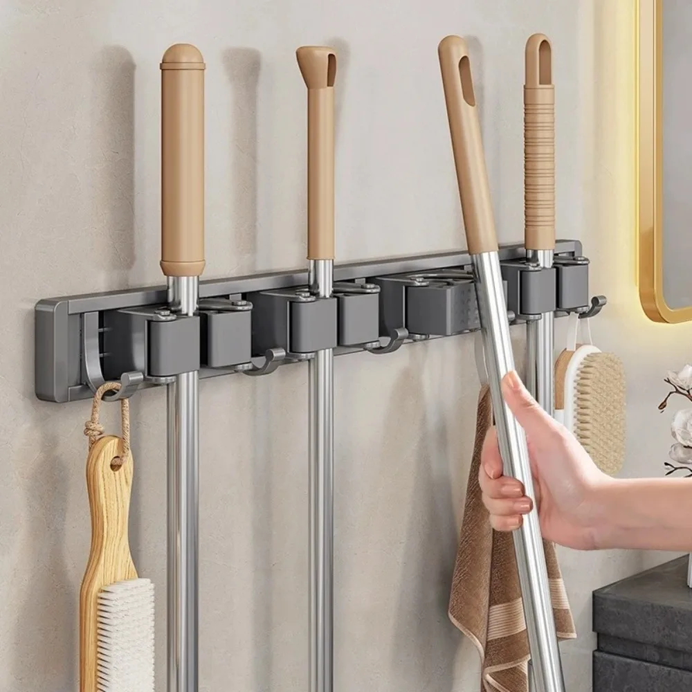 Multi-Purpose Hooks Mop Rack Wall-Mounted Mop Storage Box Broom Hanger Hook Bathroom Waterproof Wall Aluminum Alloy Bore Hook