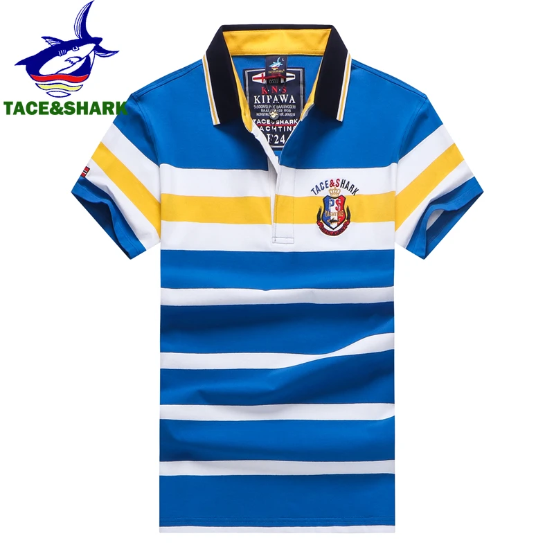 TACE&SHARK 2022 New Arrival Shark Embroidery Polo Shirt Men Stripe Fashion Navy Blue Business Shark Polos