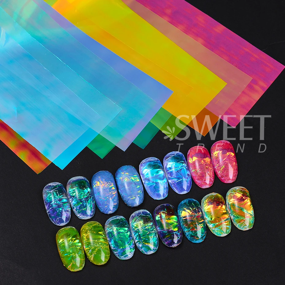 8pcs/pack Holographic Aurora Film Nail Glass Paper DIY Foils Laser Colorful Shinning Nail Cellophane Sliders Manicure Decoration