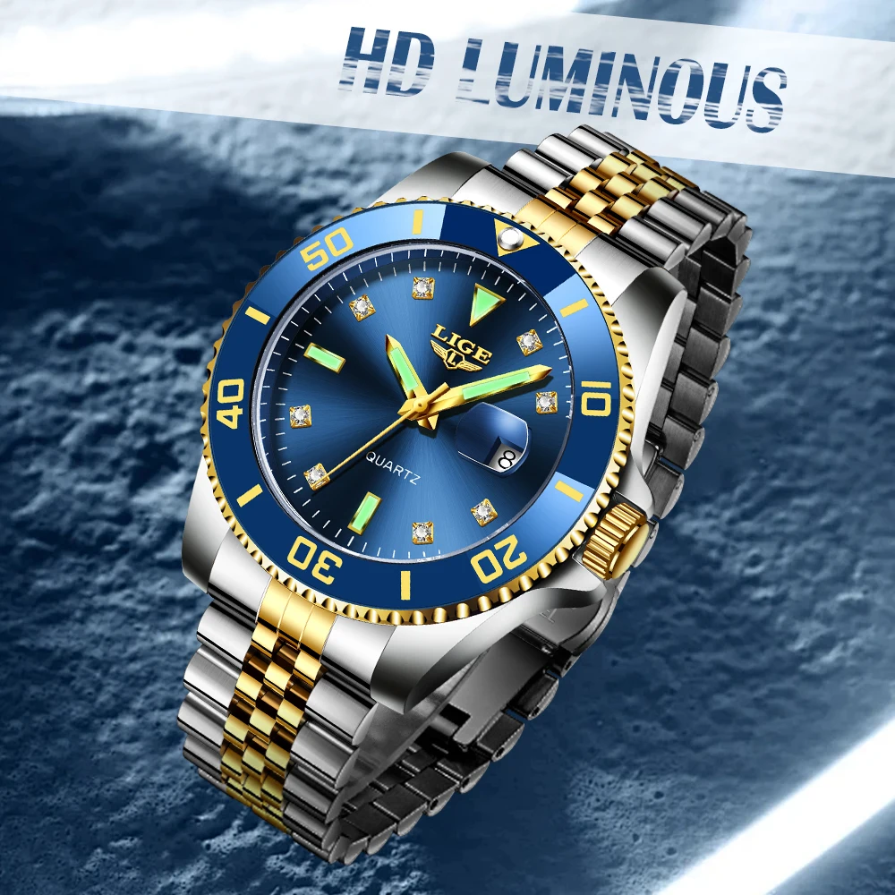 LIGE Top Brand Luxury Stainless Steel Watch Men's European and American Business Leisure Quartz Watch Waterproof Sports Watches