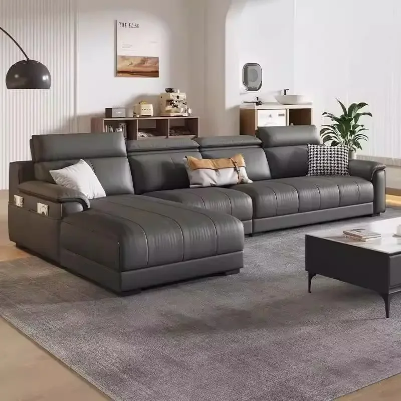 Light luxury first-layer cowhide leather sofa living room size cat scratching leather straight row sofa