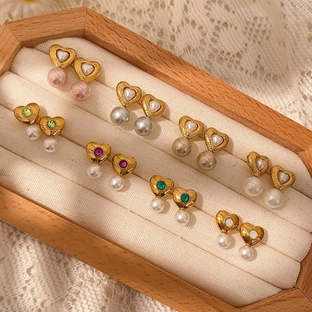 أزياء بسيطة هندسية القلب الزركون الفولاذ المقاوم للصدأ مطلية بالذهب السيدات اللؤلؤ قلادة إسقاط أقراط قلادة مجموعة مجوهرات