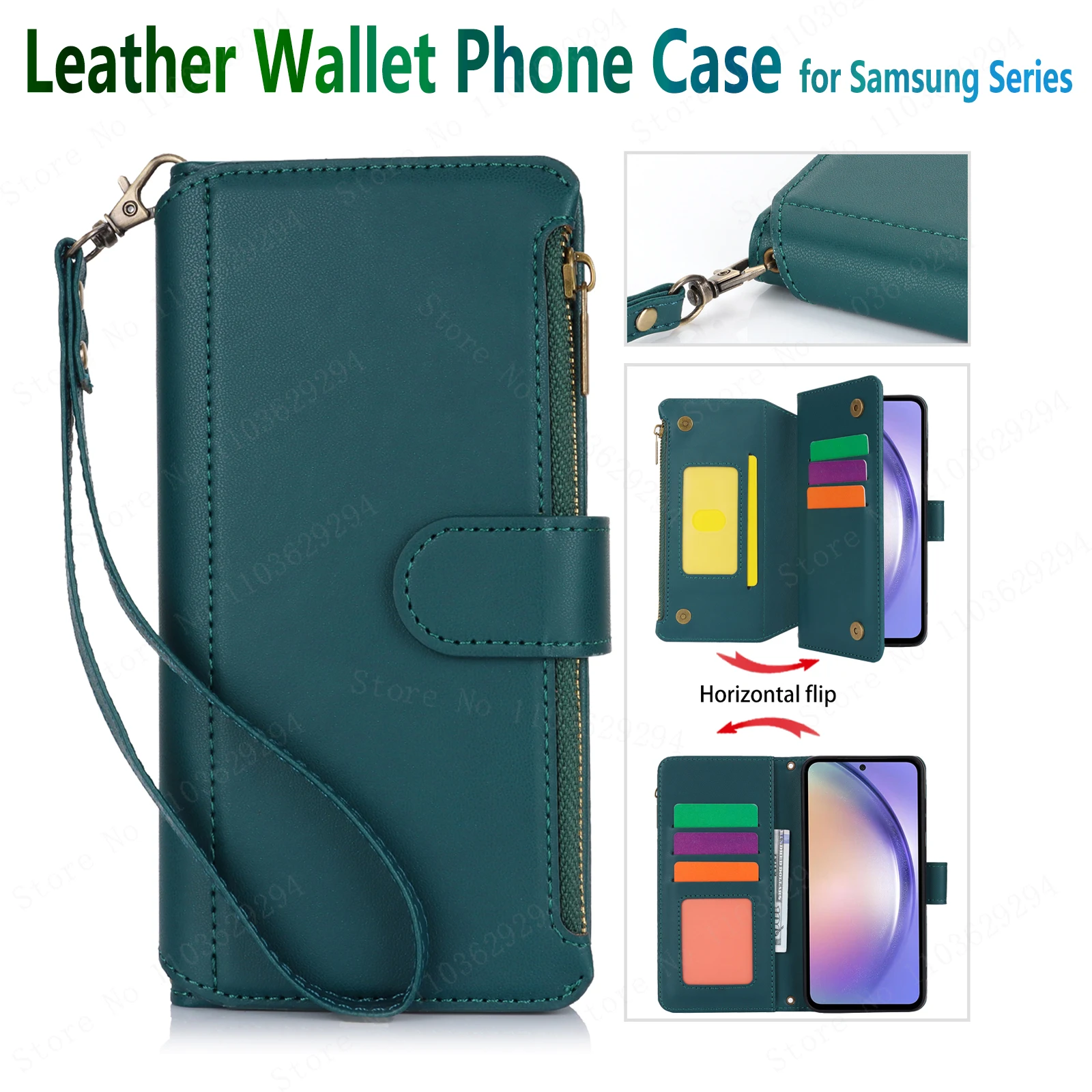 Genuine Leather Wallet for Samsung, Mobile Cover, Multi-Card Slot, Zipper, High-End, Suitable for Galaxy A15, A14, A35, A53