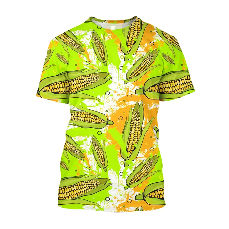 3D Printed Corn T-Shirt for Men Fresh Vegetable Pattern Oversized round Neck Summer Top with Short Sleeves Creative Graphic Tees