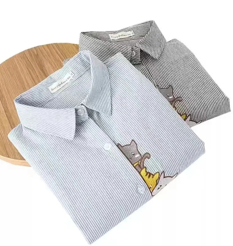 

plus Size Women's Korean Sle Striped irt Cotton Loose Long Sve Outerwear Simple Commute Sle Collar Button up