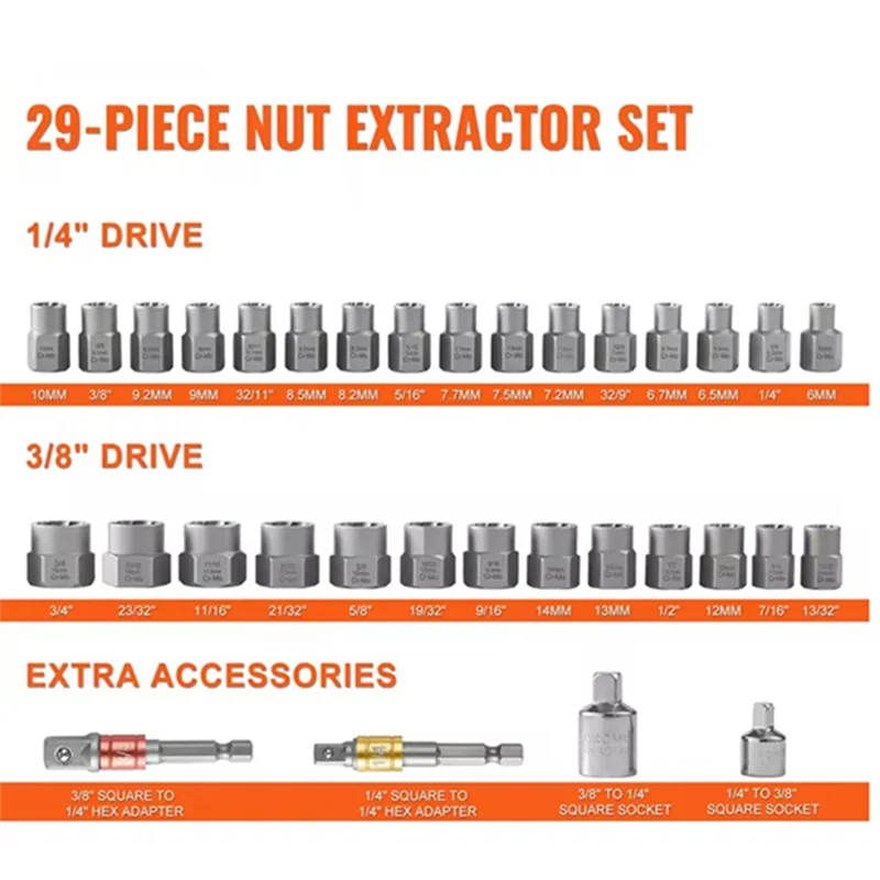 Zestaw wykrętaków do śrub ABVA-29Pcs, zestaw do usuwania śrub i nakrętek, 6 mm do 10 mm, 13/32 cala do 3/4 cala, zestaw nasadek do wykręcania ze stali CR-MO