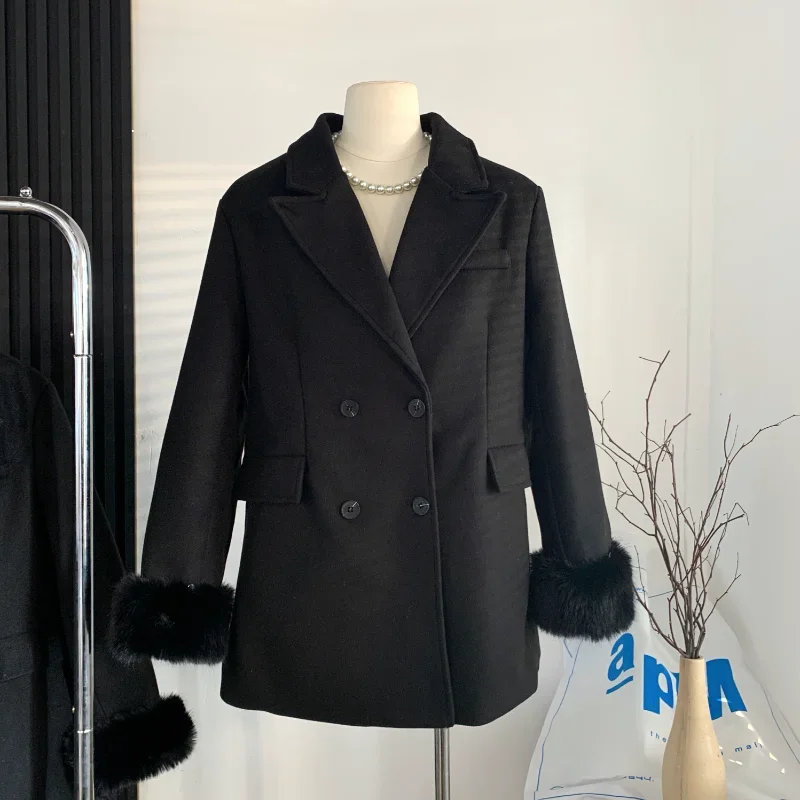 

Black Woolen Suit Quilted Jacket Waist Long Sleeve Imitation Fox Hair Luxury Elegant Slim French Small Fragrance Coat Women Coat