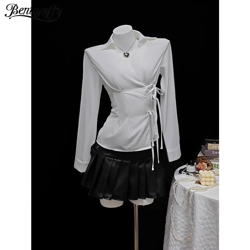 Benuynffy 2025 Otoño Invierno Color sólido Top con cordones mujer moda manga larga Y2k ropa de calle camisas y blusas blancas mujer nuevo