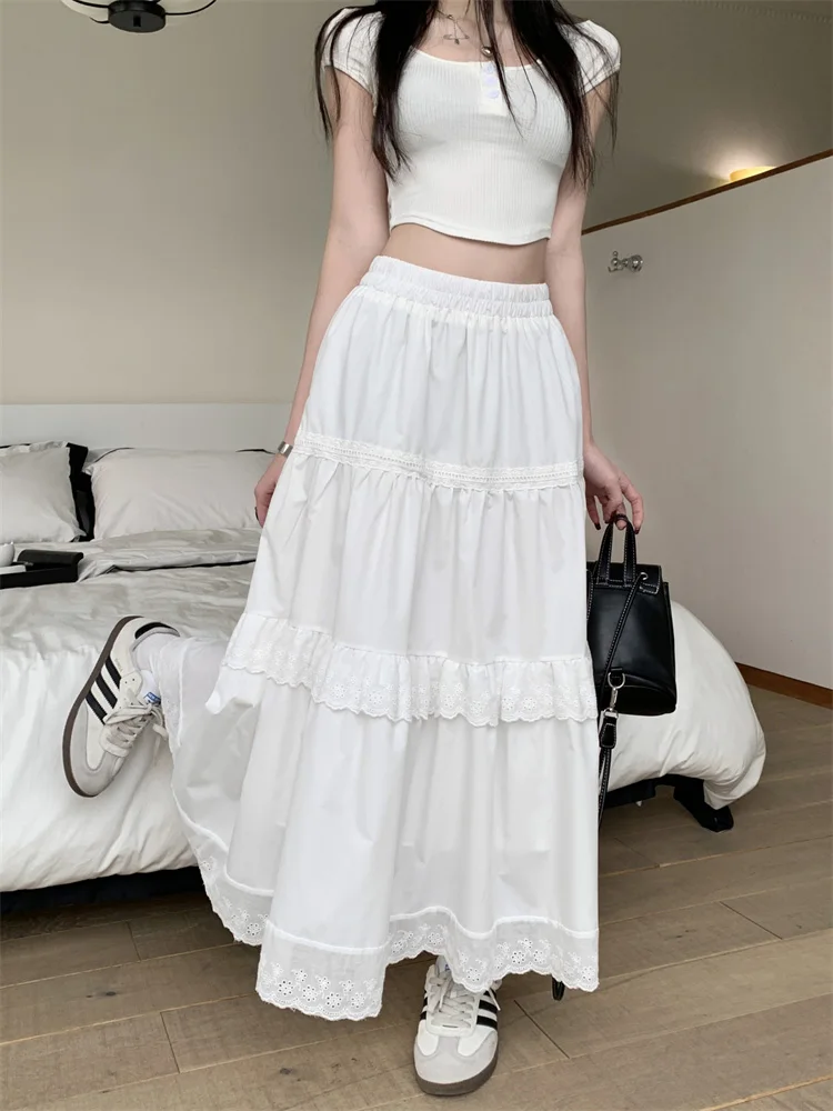 

Slergiri High Elastic Waist Ruffle Trim White Long Skirt Women Spring Summer Korean Sweet Casual A-Line Skirts Without Belt