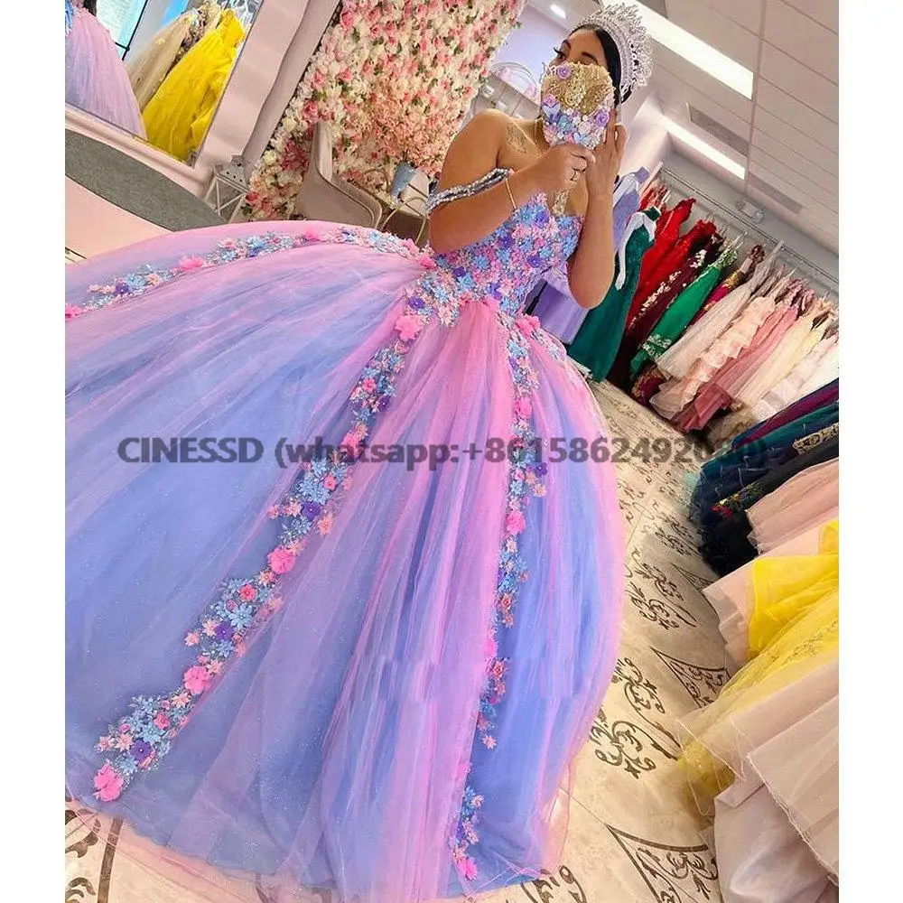 Kleurrijke Handgemaakte Bloemen Baljurk Quinceanera Jurken Off The Shoulder Sweet 16 Meisjes Prinses Vestidos De Quinceañera 15 Ñera