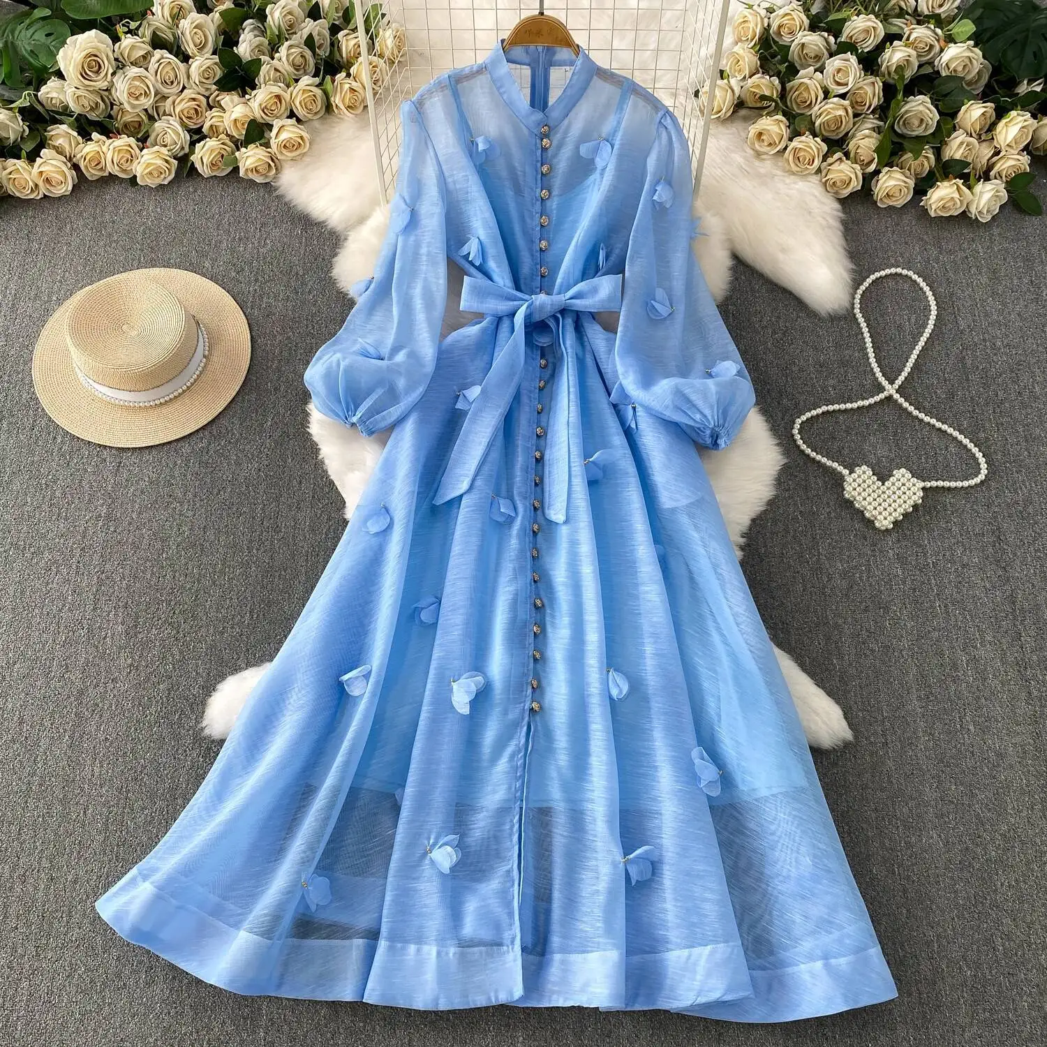 

Шикарный винтажный длинный рукав с цветочным принтом и пуговицами, элегантный сказочный корейский модный осенний сарафан, женская одежда