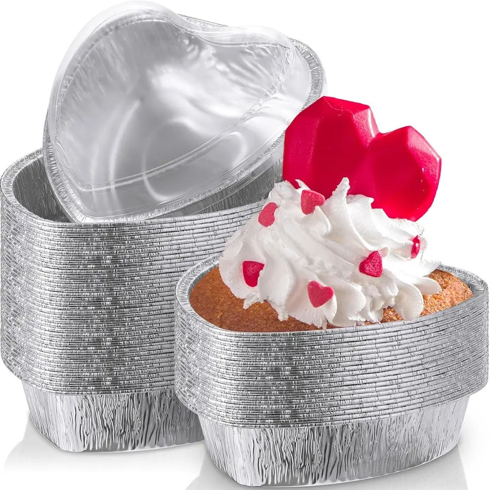 

12 Pcs 27 oz Valentine's Day Heart Shaped Cake Pan with Lid 7.4 Inch Disposable Cupcake Baking Pan Heart Food Packing Muin Tin L