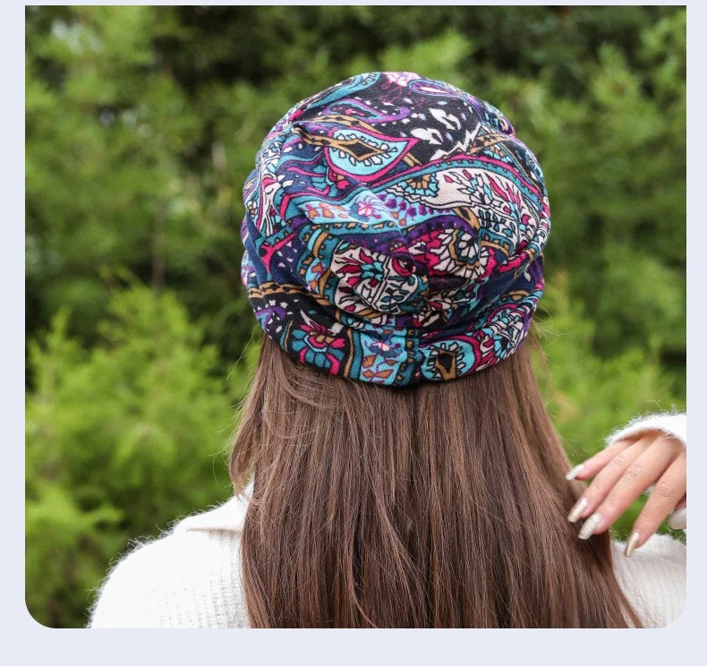 Ethnic Women Hat Short Brim Warm Foldable Earflap Women Cap Ethnic Style Floral Print Autumn Winter Caps Clothing Turban Visor