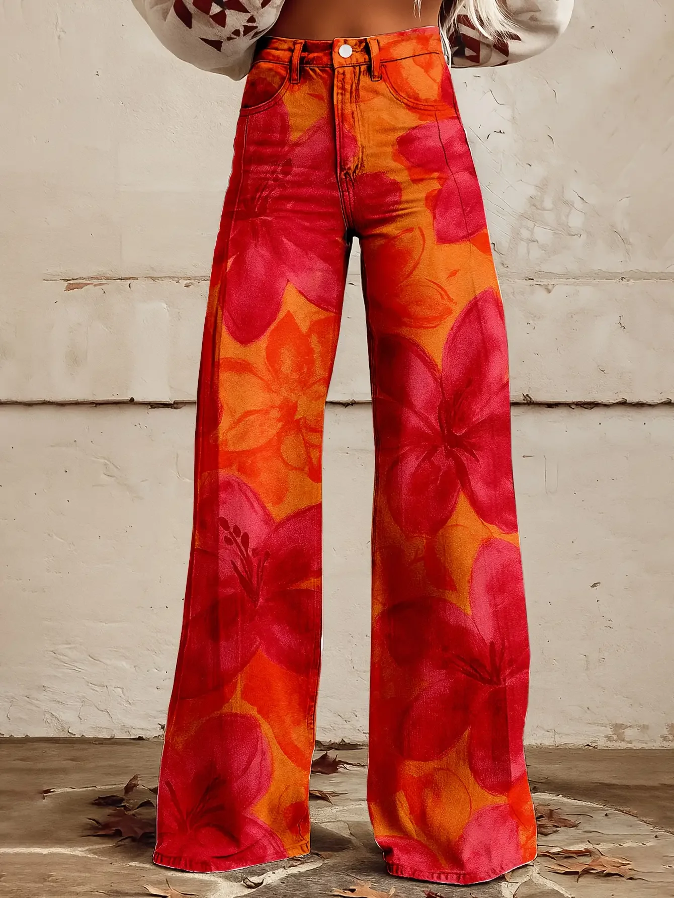 Fashionable and casual tropical rainforest printed loose trumpet imitation jeans