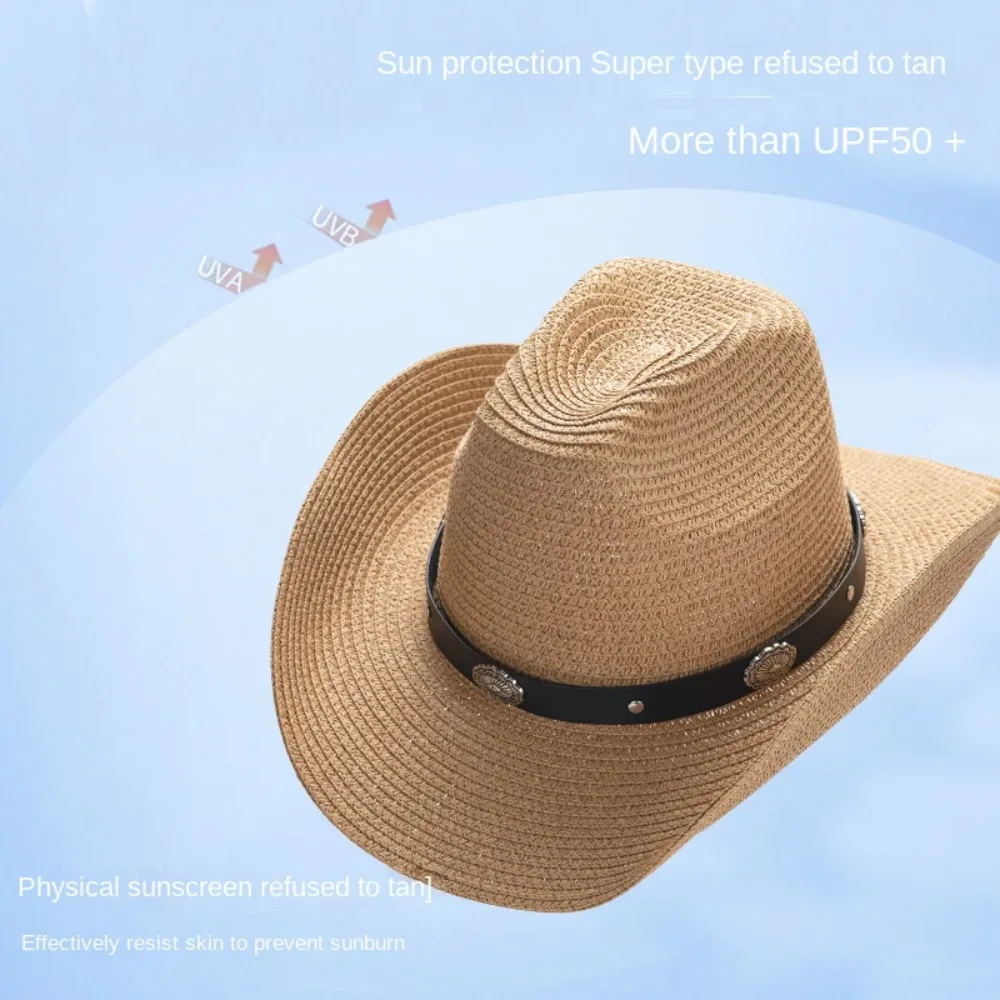 

Adjustable Solid Color Western Cowboy Hat Wide Brim Sunscreen Cowgirl Hat PU Leather Belt Ethnic Style Straw Sun Hat Cycling