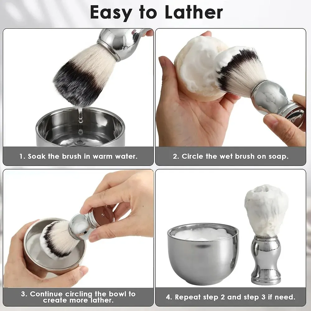 3in1 Vegan Style Synthetic Badger Hair Shaving Brush, Stainless Steel Shaving Soap Bowl and Brush Holder Stand Set for Men