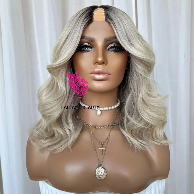 

Indian 100% Human Hair Ombre Dark Roots Frosty Blonde Short Bob Wavy 1x4 U Part Wigs for Black Women Glueless Easy Wear Wigs