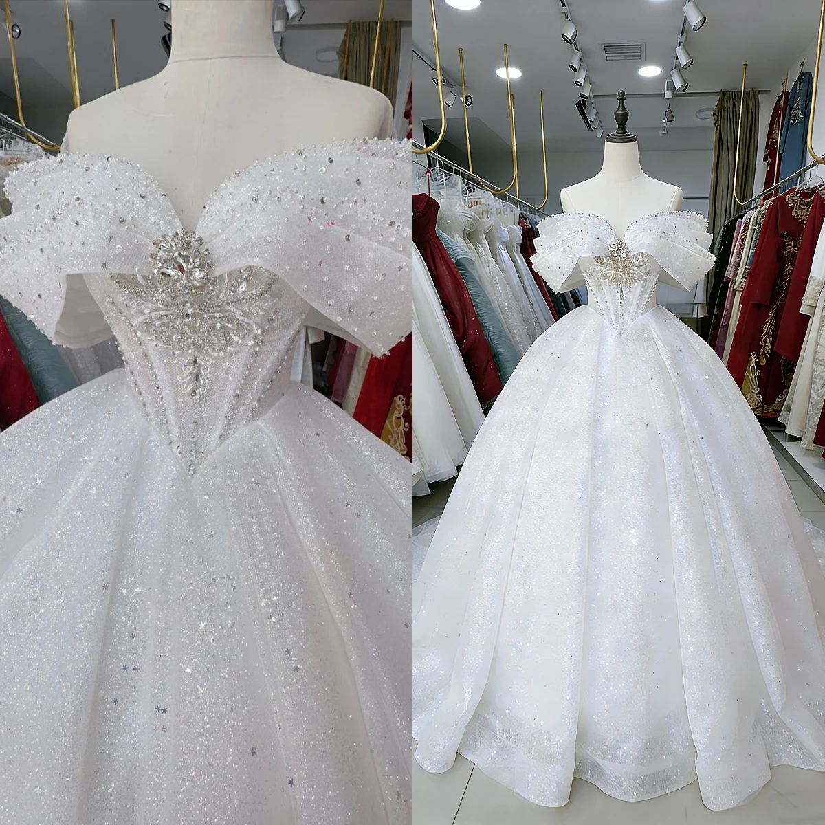 

Luxurious A-Line Lace Crystal Bead Princess Wedding Dress Sexy V-Neck Off The Shoulder Bridal Gown Vestido De Noiva Customized