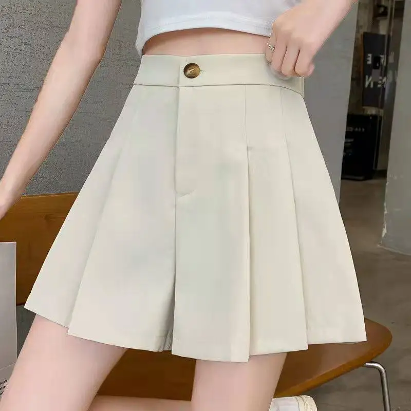 

Women's casual high-waisted shorts, wide-legged pleated suit, monochrome button and zipper, plus size, Korean fashion