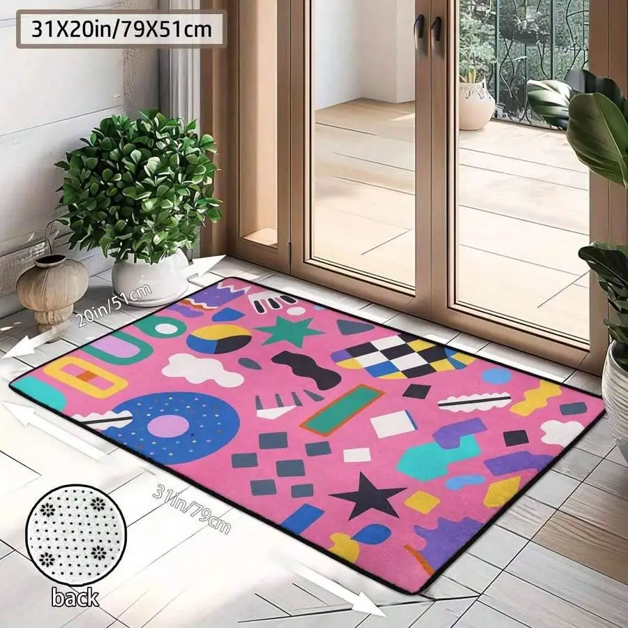 Pink Memphis Style Door Mat - Colorful Donut Star Geometric Non-Slip Rug, Retro Pop Art Entry Mat for Kids Room, Multiple Sizes