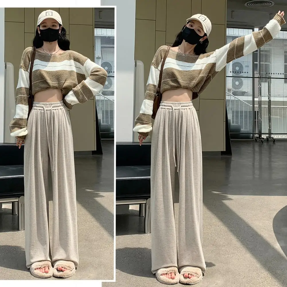 Straight Sweatpants High Waist Wide Leg Women's Pants with Drawstring Soft Solid Color Trousers for Fall Winter Loose Fit