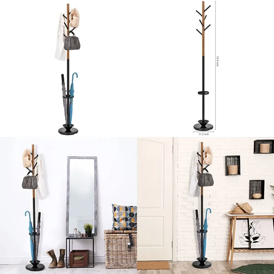 

Freestanding Metal Entryway Coat Rack and Umbrella Stand with Sturdy Round Base and 6 Faux Wood Hanger Hooks