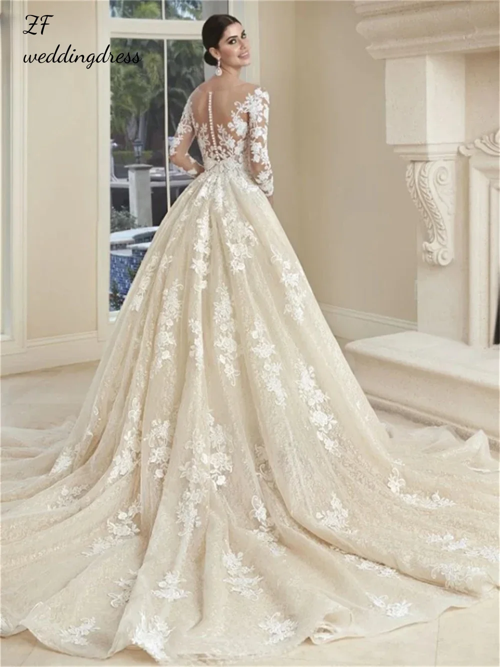 

Customized Simple Appliqued Wedding Dress Elegant Tulle Bridal Gown Luxurious Long Sleeve Bridal Dress Vestidos De Novia