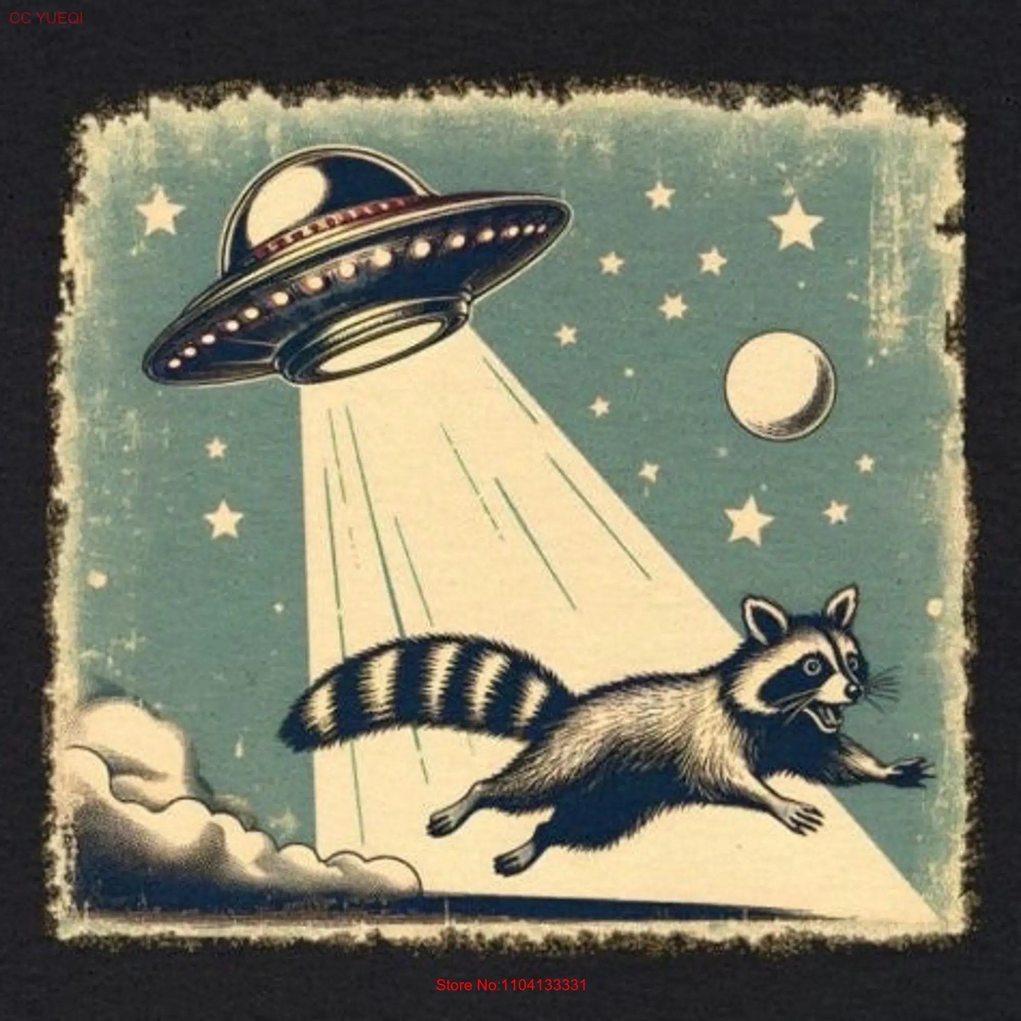 Raccoon UFO Heavy Cotton T Shirt Funny abduction long or short sleeves