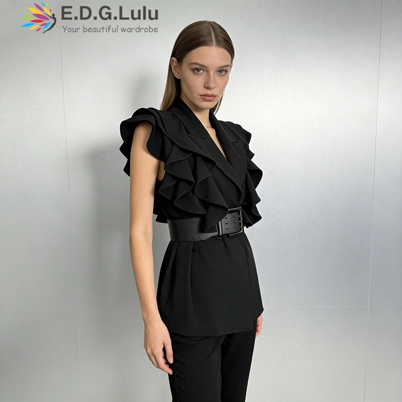 EDGLuLu 2026 Spring New Korean Design Turn-Down Collar Vest Coat Design An Irregular Ruffled Black Vest Jacket 0416