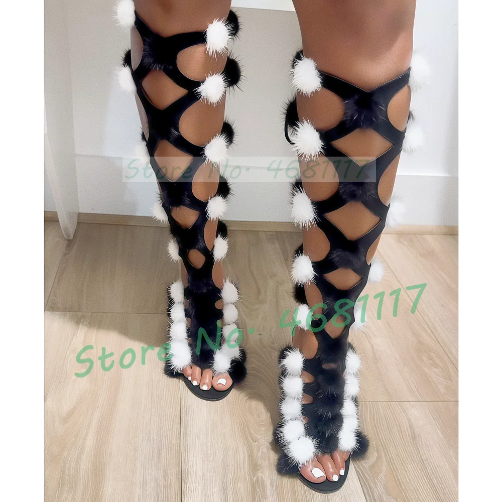 

Black White Pom Pom Strappy Sandals Women Sexy Gladiator Stiletto High Heels Puttee Shoes Party Nightclub Cross Tied Sandals