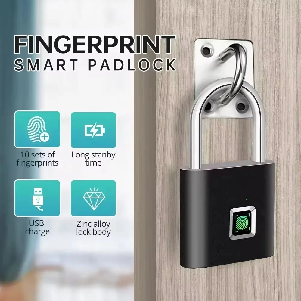 

Smart Fingerprint Padlock Keyless Waterproof Zinc Alloy Biometric Padlocks USB Charging Fingerprint Lock Anti-theft Door Lock