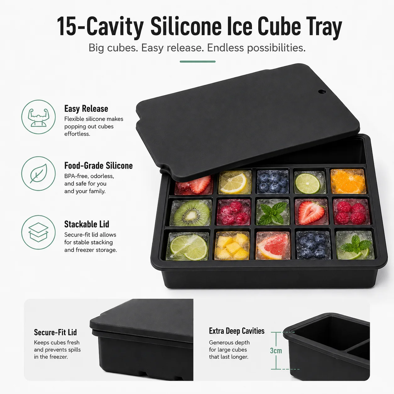 15-Grid Silicone Ice Cube Tray with Lid Large Square Ice Mold for Whiskey Cocktails Reusable Easy Release Ice Maker view 2
