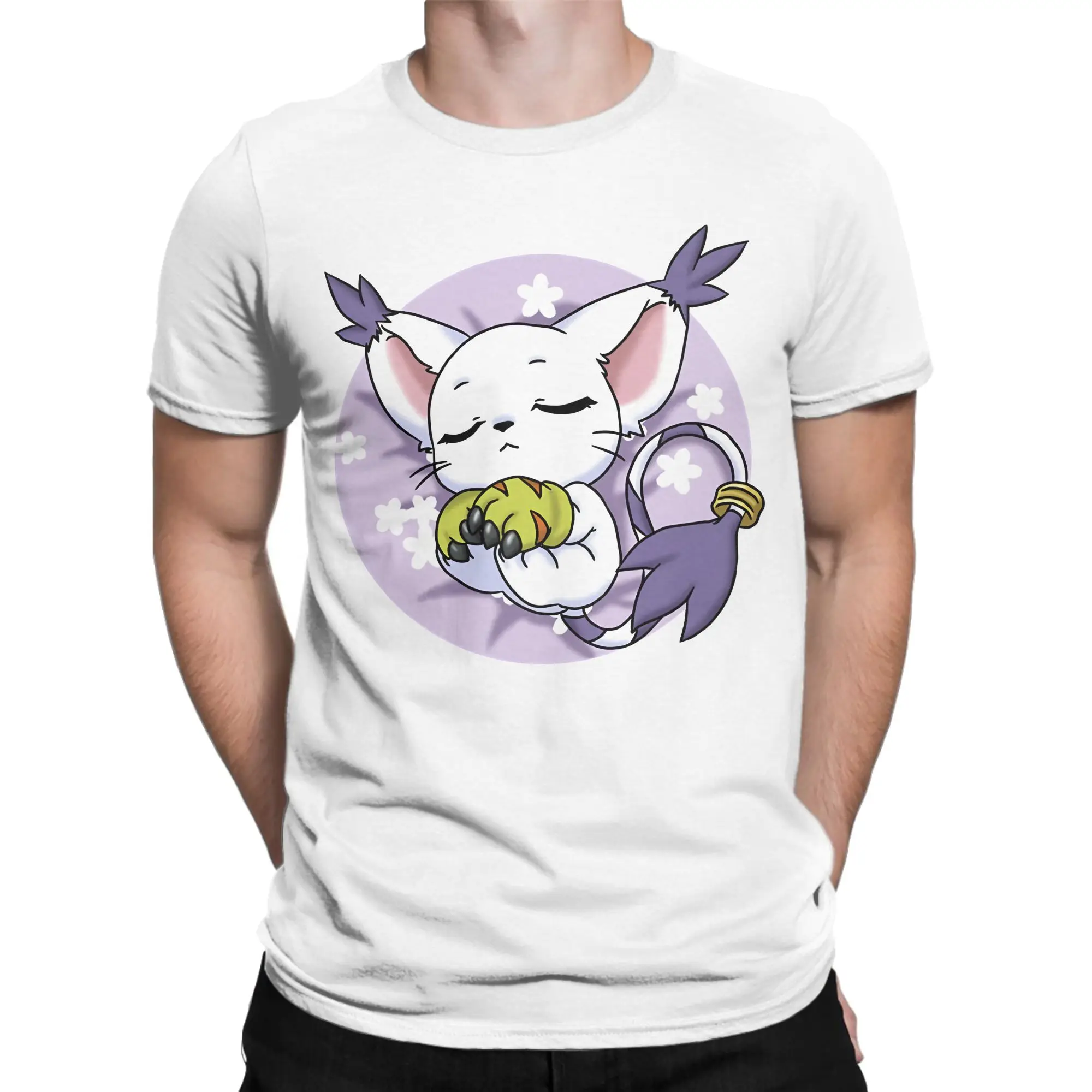Sleeping Gatomon Digimon Tshirts Men's 100%Cotton Clothes Retro  Round Neck Short Sleeve