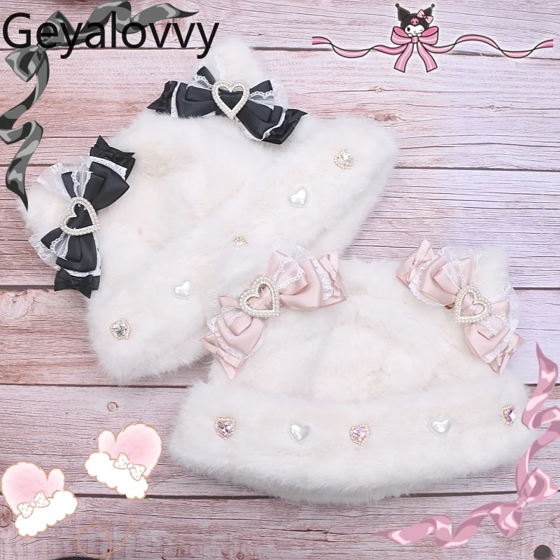 

Японский оригинальный милый пуловер ручной работы в стиле Лолиты, прочный пуловер с бантом, осень-зима, милые кружевные пушистые шапки со стразами для девочек