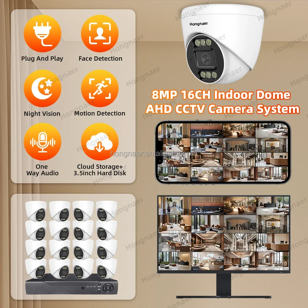 2026 Hongnaer 8MP Indoor Starlight Night Vision Home AHD DVR 16 Channel Analog Security CCTV Camera Kit Set System 4K Surveil Sy