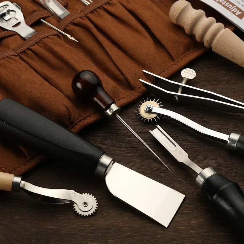 KRABALL Professional Leather Craft Tool Kit Hand Sewing Repair Kit Wax Thread Stitching Punch Carving Work Groover DIY Tool Set view 3