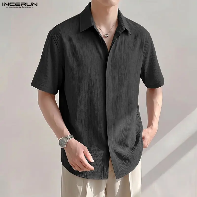 INCERUN Men's Shirt Solid Color Lapel Short Sleeve Button Casual Men Clothes Streetwear Summer Korean Style Tops Leisure Shirts