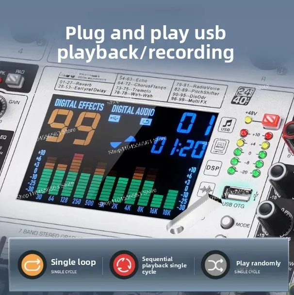 A professional mixer with an internal amplifier, featuring high-power home stage audio effects